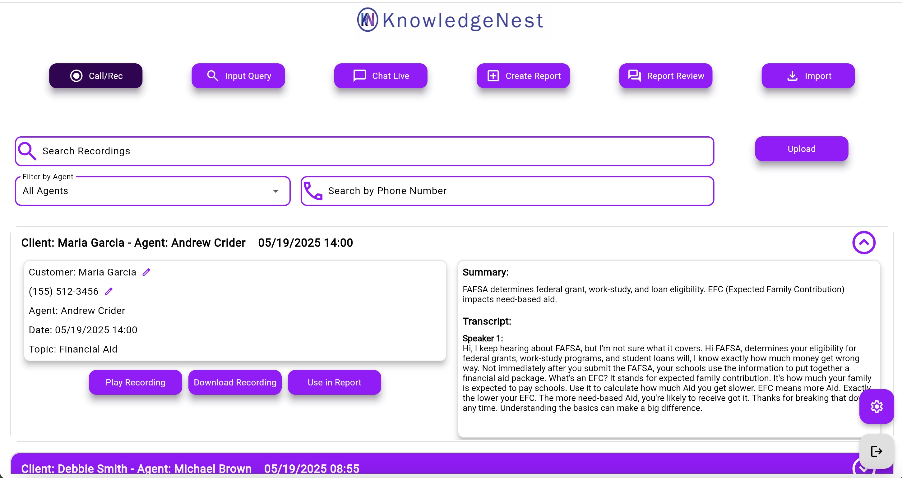 KnowledgeNest call recording interface