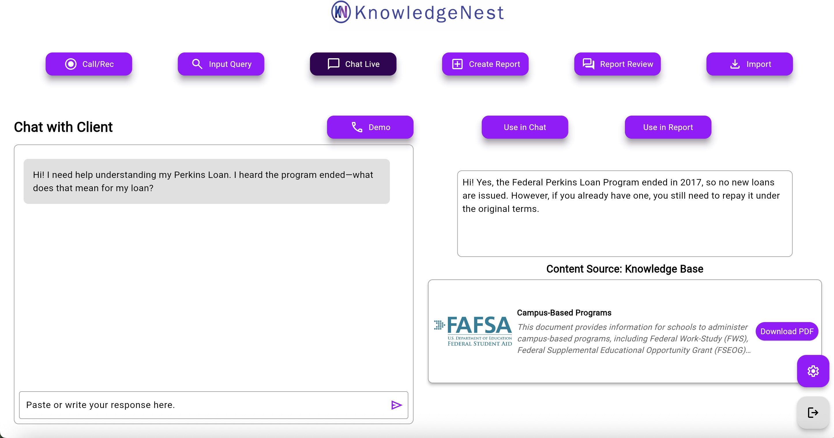 KnowledgeNest live assistance interface